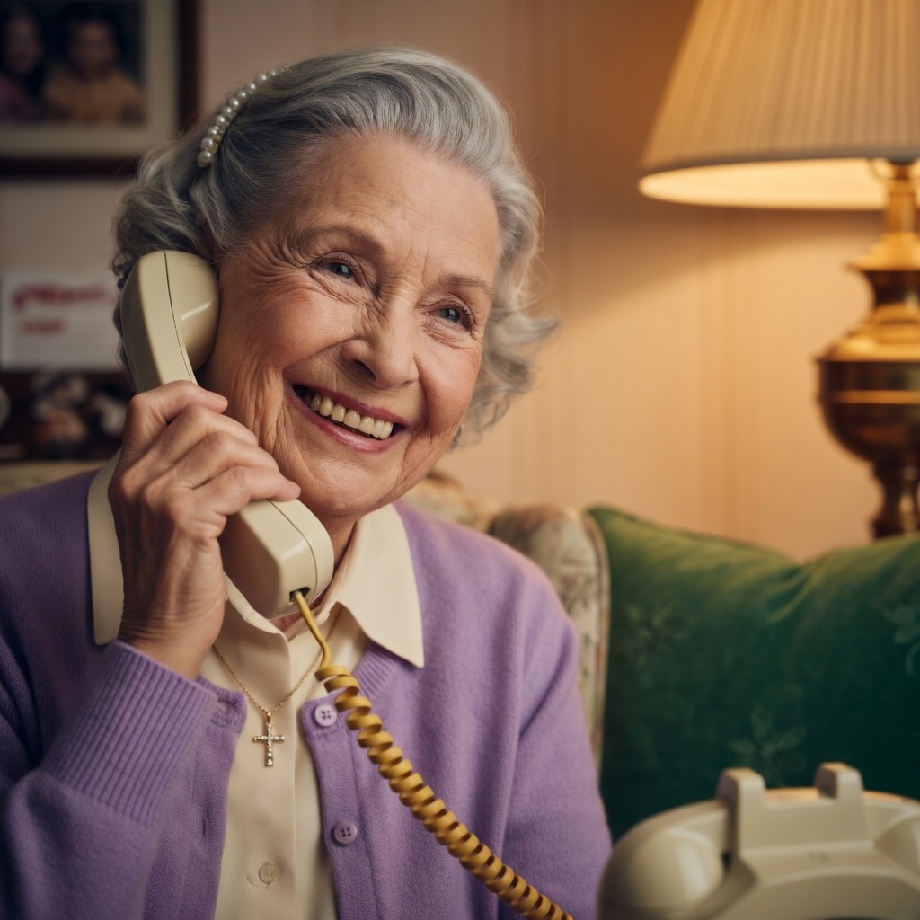 Elderly grandmother smiling while answering a landline phone at home